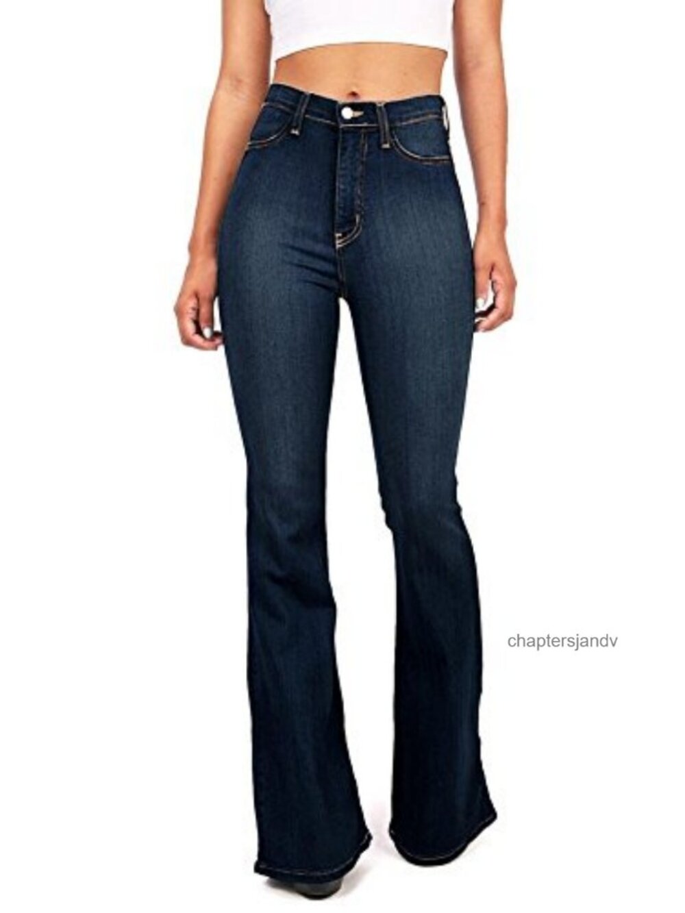 High Waist Flared Fitted Denim Jeans Stretch Faux Pocket Zip Fly